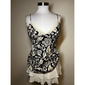 Wet Seal Vintage Y2K Black Cream Floral Lace Trim Cami Top Small